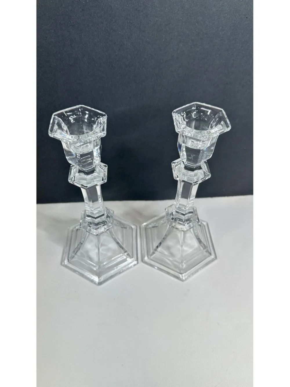 Lead Crystal 8” Lead Crystal Glass Candle Holders Hexagon Base